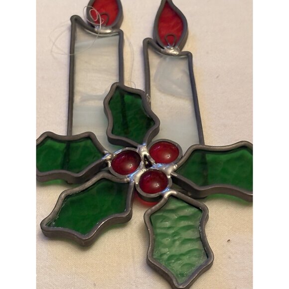 Vintage Leaded Stained Glass Christmas Candles Holly Berries Sun Catcher 8” - Picture 3 of 5